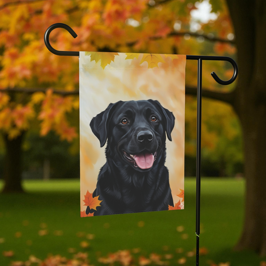 Fall Colors Black Labrador Retriever Garden Flag - size comparison - Dragonfire Gardens