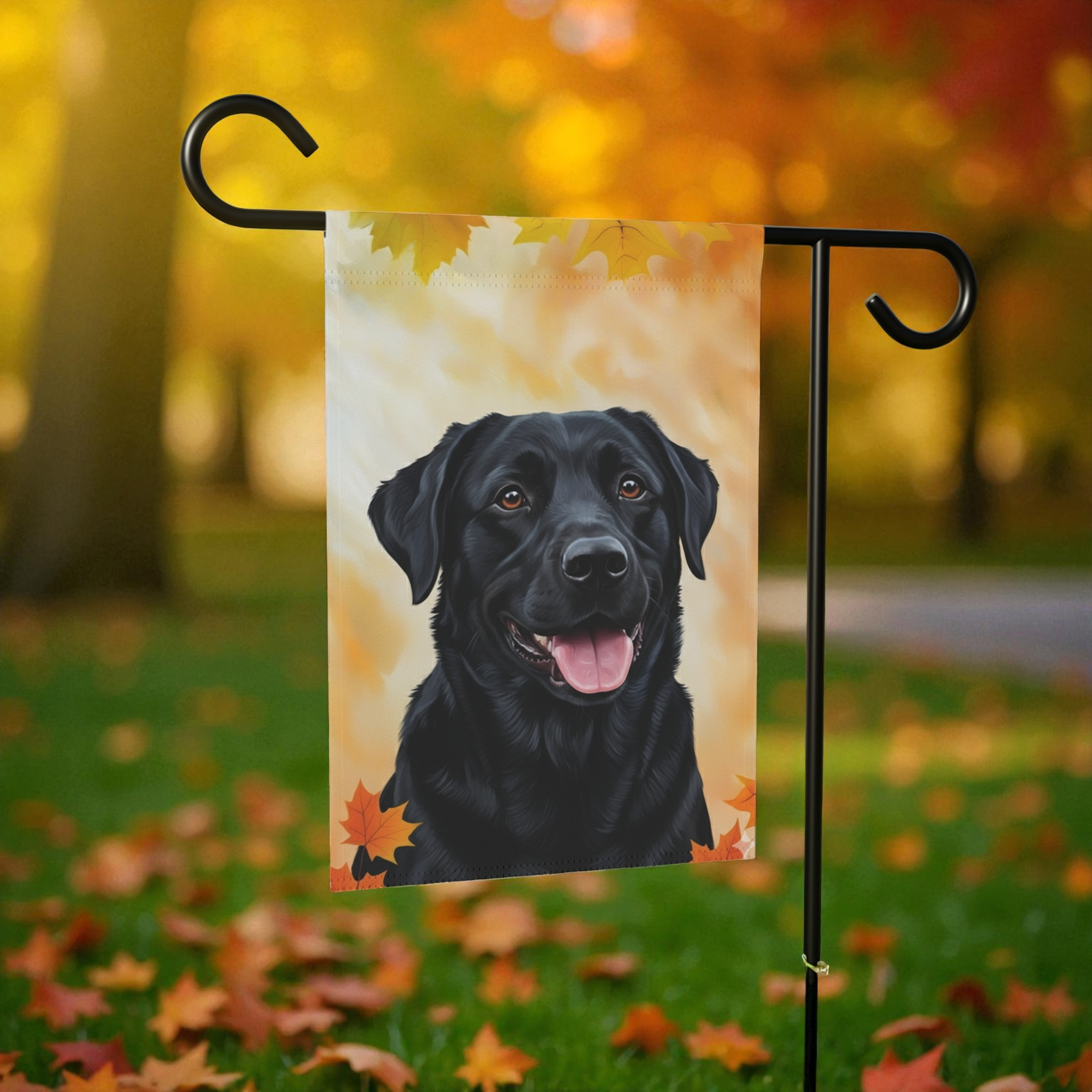 Fall Colors Black Labrador Retriever Garden Flag - front view - Dragonfire Gardens
