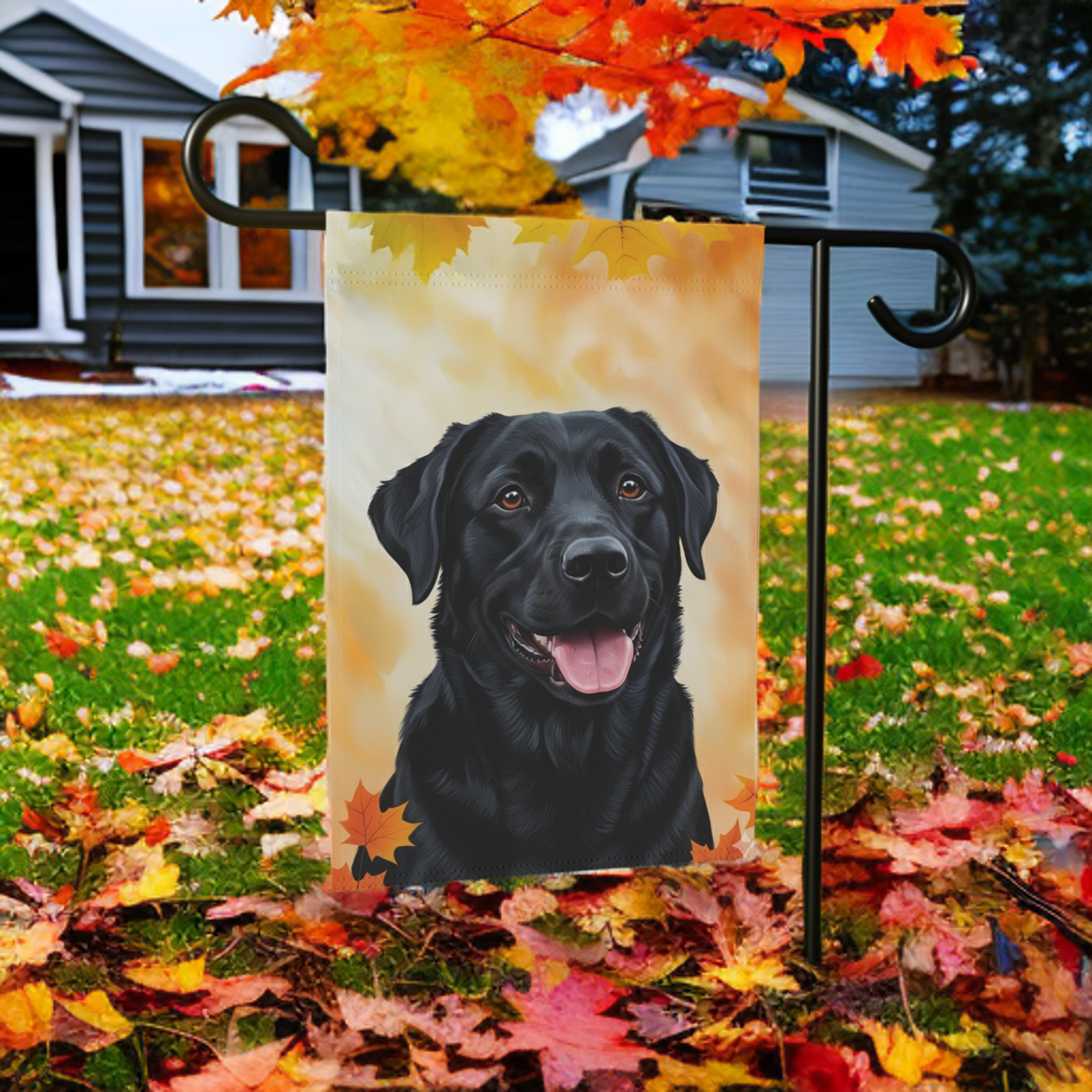 Fall Colors Black Labrador Retriever Garden Flag - lifestyle display - Dragonfire Gardens