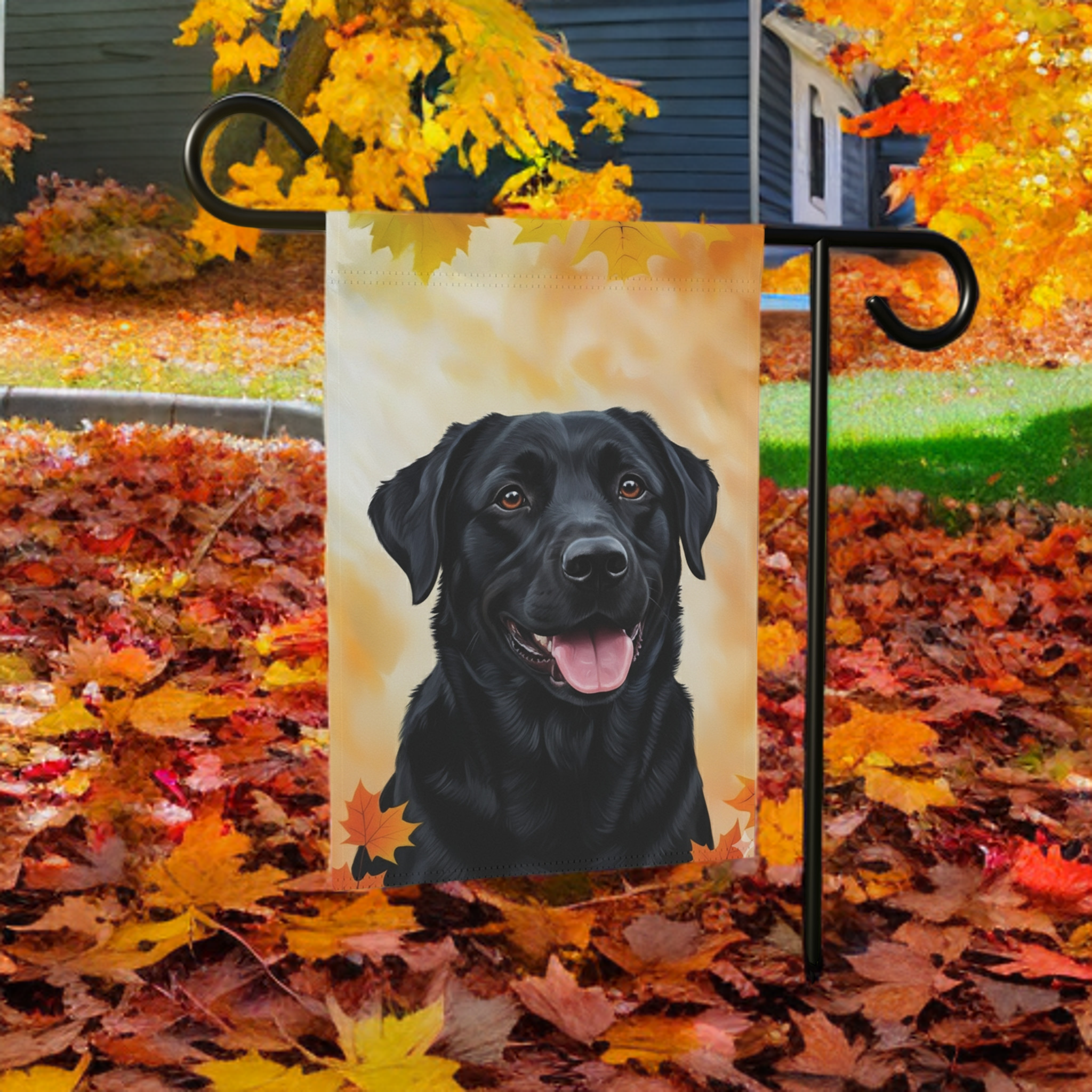 Fall Colors Black Labrador Retriever Garden Flag - product detail - Dragonfire Gardens