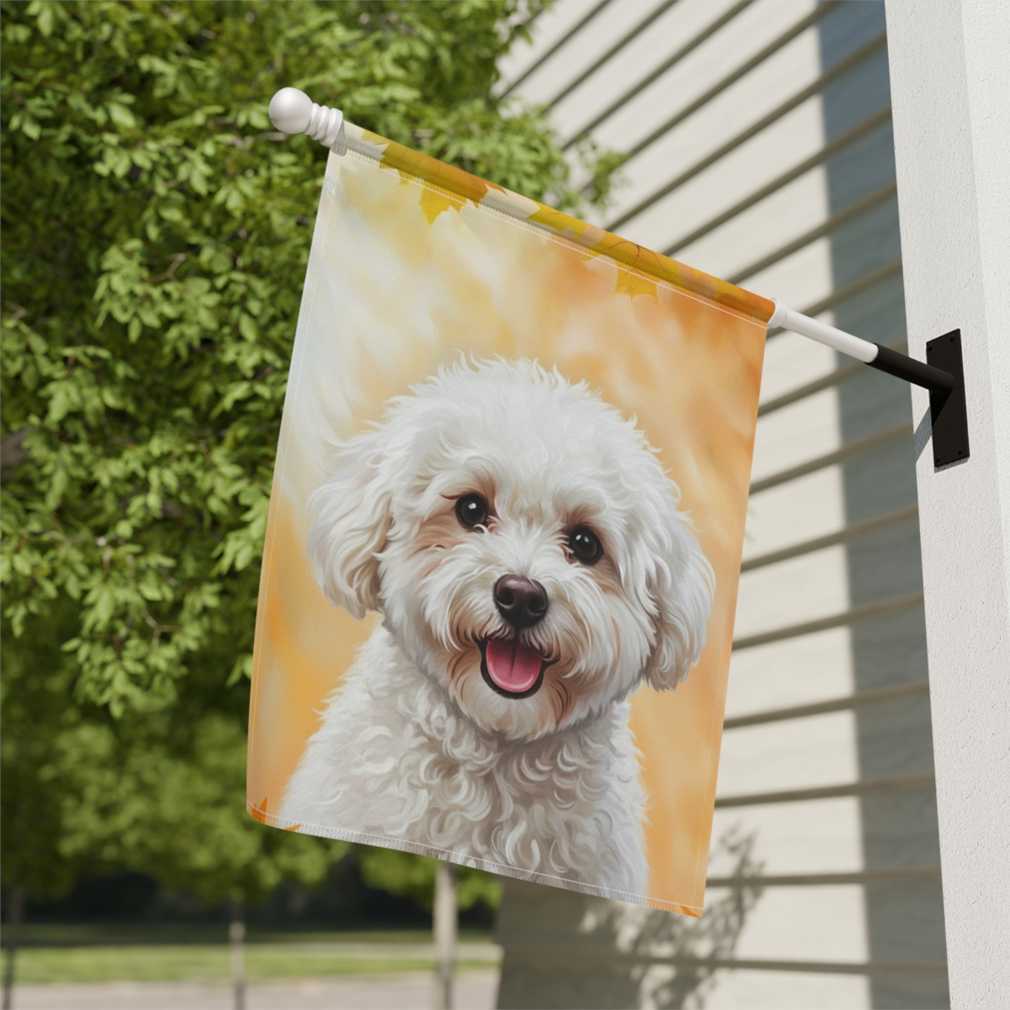 Fall Colors Bichon Frise Garden Flag - close-up detail - Dragonfire Gardens