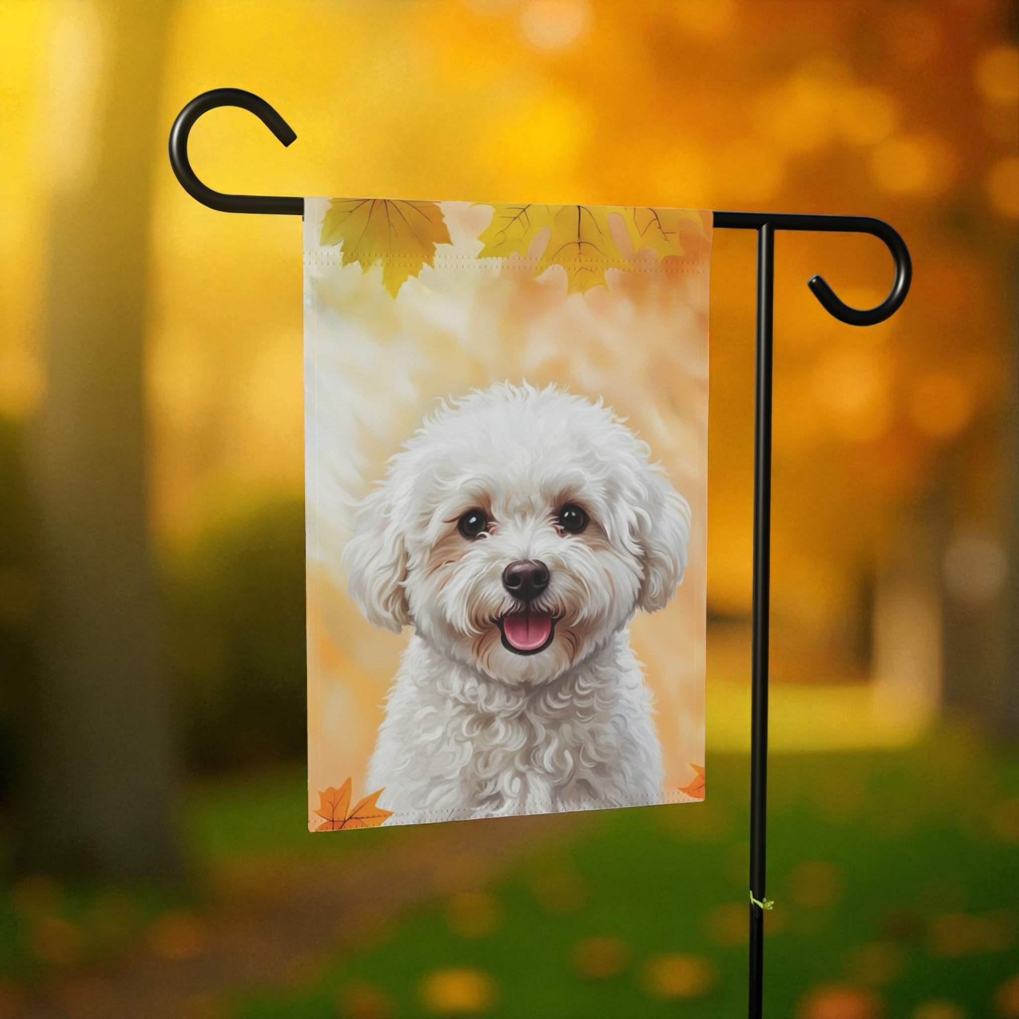 Fall Colors Bichon Frise Garden Flag - front view - Dragonfire Gardens