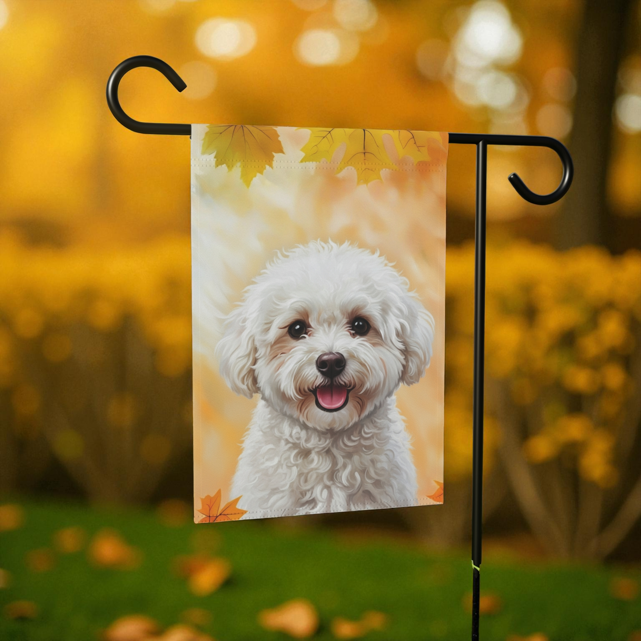 Fall Colors Bichon Frise Garden Flag - lifestyle display - Dragonfire Gardens