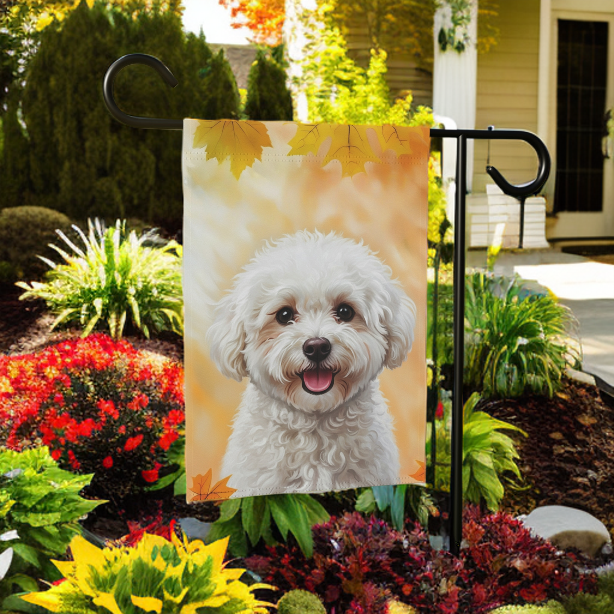 Fall Colors Bichon Frise Garden Flag - size comparison - Dragonfire Gardens