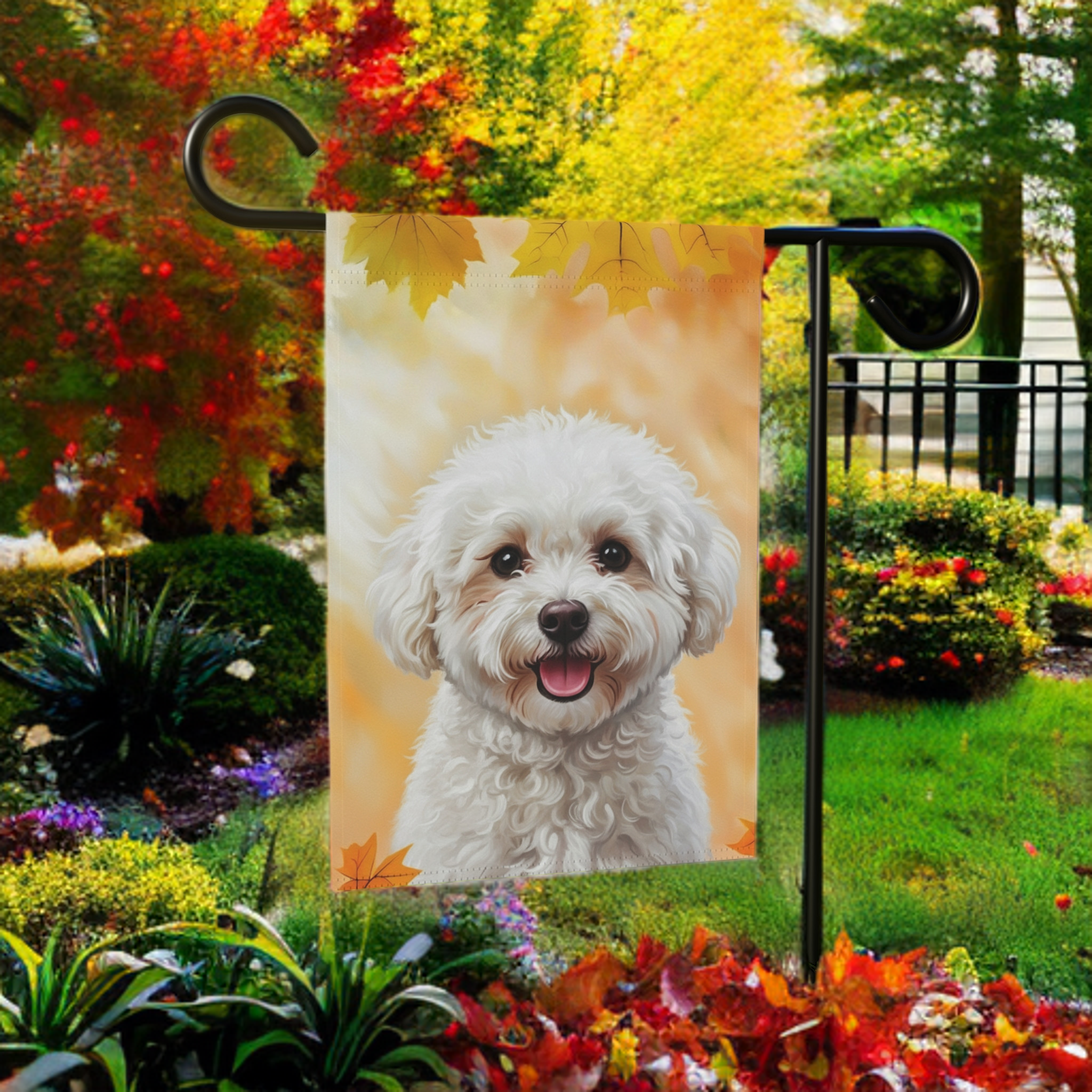 Fall Colors Bichon Frise Garden Flag - product detail - Dragonfire Gardens
