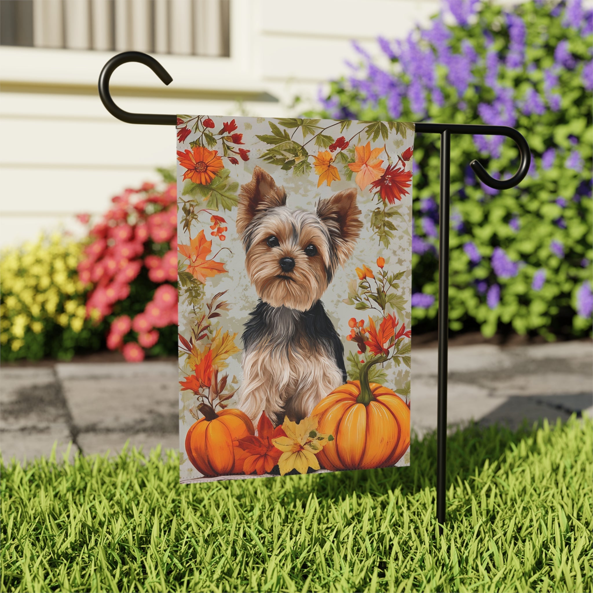 Fall Pumpkins and Yorkie Garden Flag - outdoor display - Dragonfire Gardens