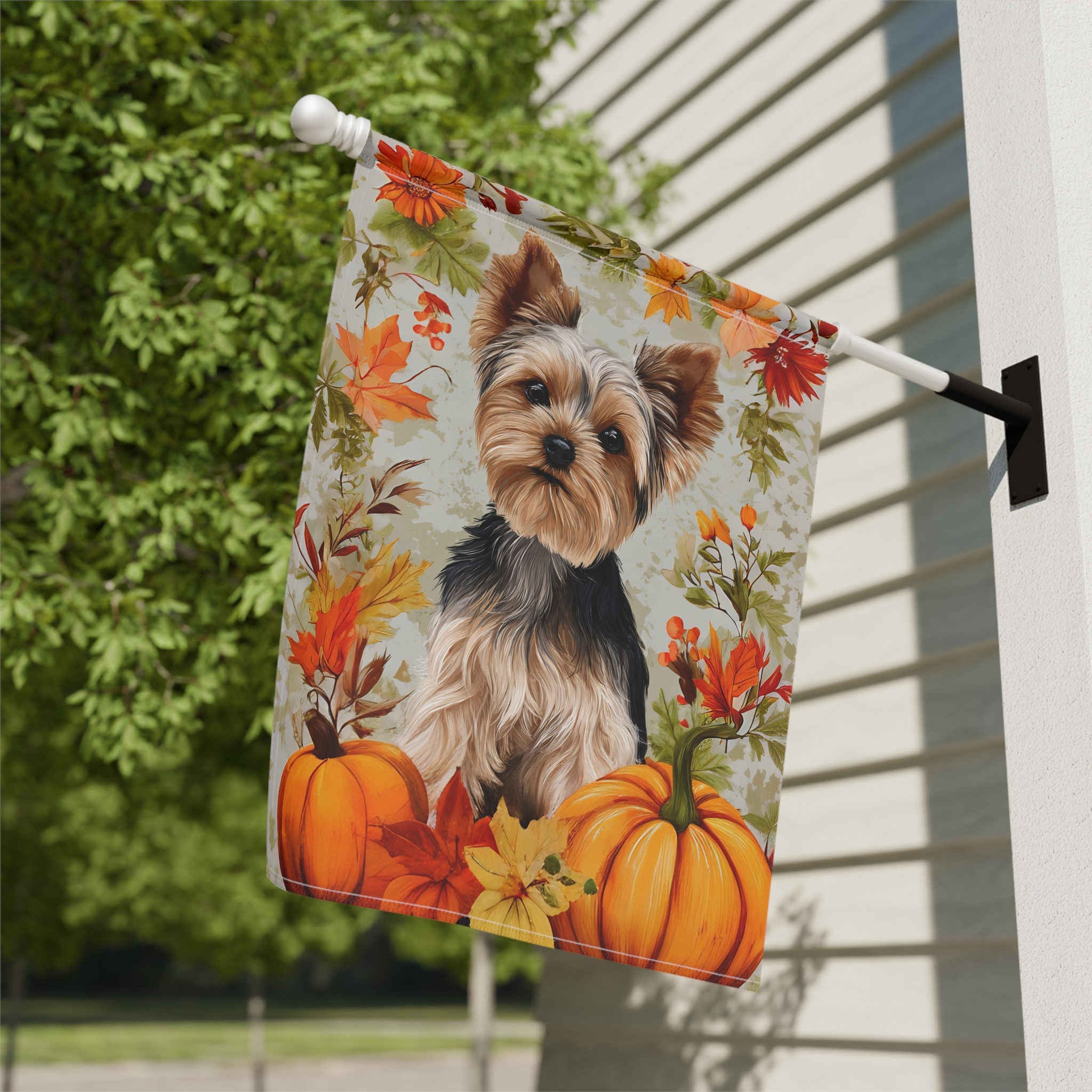 Fall Pumpkins and Yorkie Garden Flag - close-up detail - Dragonfire Gardens