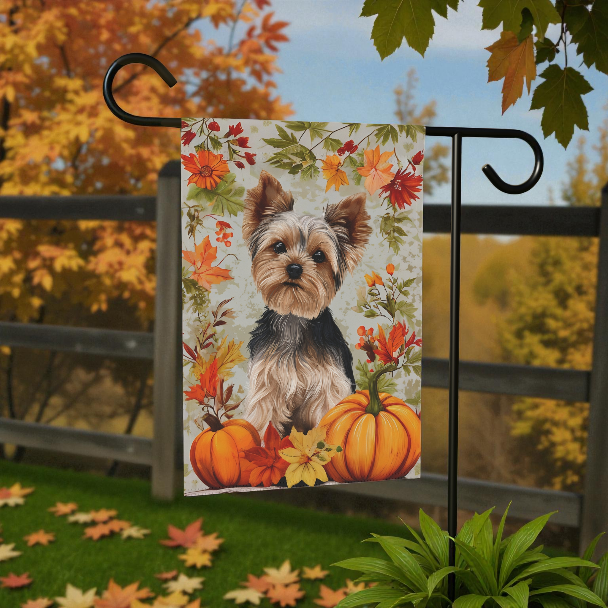 Fall Pumpkins and Yorkie Garden Flag - front view - Dragonfire Gardens