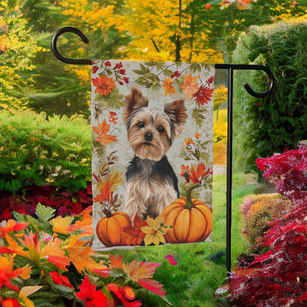 Fall Pumpkins and Yorkie Garden Flag - size comparison - Dragonfire Gardens