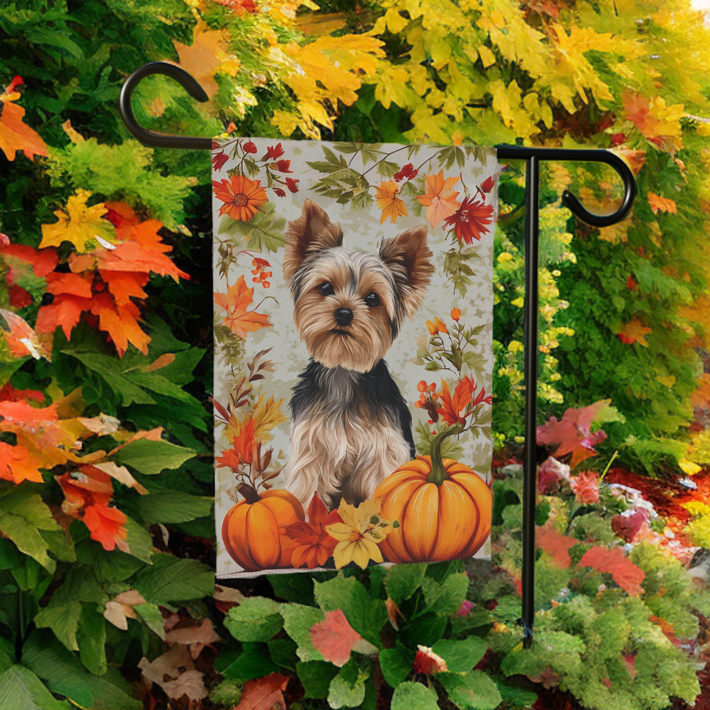 Fall Pumpkins and Yorkie Garden Flag - lifestyle display - Dragonfire Gardens
