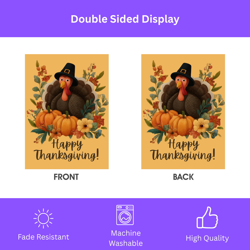 Wide-Eyed Turkey Happy Thanksgiving Garden Flag - double-sided design - Dragonfire Gardens
