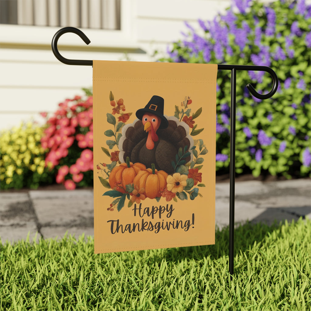 Wide-Eyed Turkey Happy Thanksgiving Garden Flag - outdoor display - Dragonfire Gardens