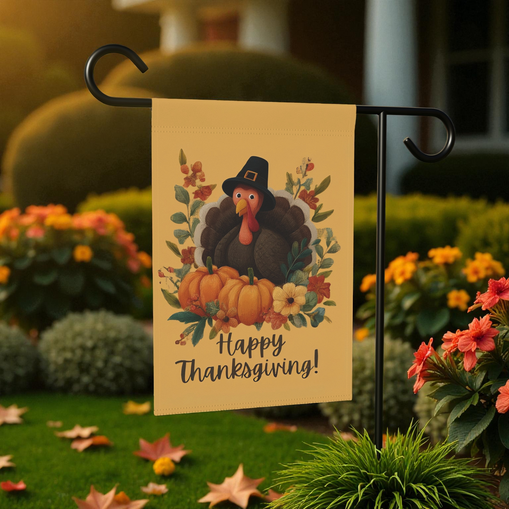Wide-Eyed Turkey Happy Thanksgiving Garden Flag - front view - Dragonfire Gardens