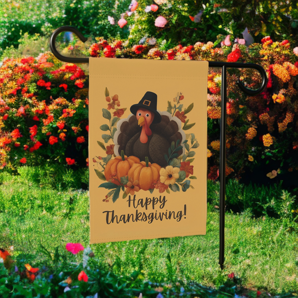 Wide-Eyed Turkey Happy Thanksgiving Garden Flag - size comparison - Dragonfire Gardens