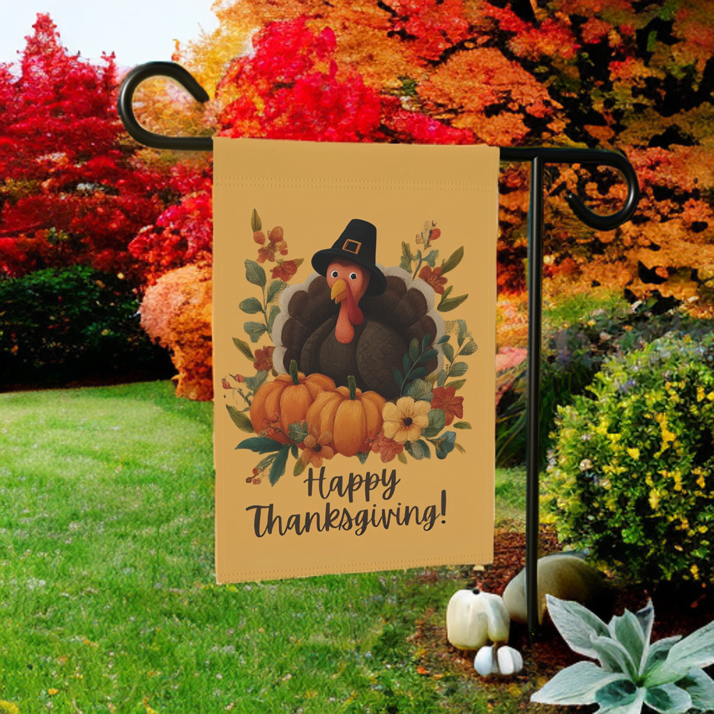 Wide-Eyed Turkey Happy Thanksgiving Garden Flag - lifestyle display - Dragonfire Gardens