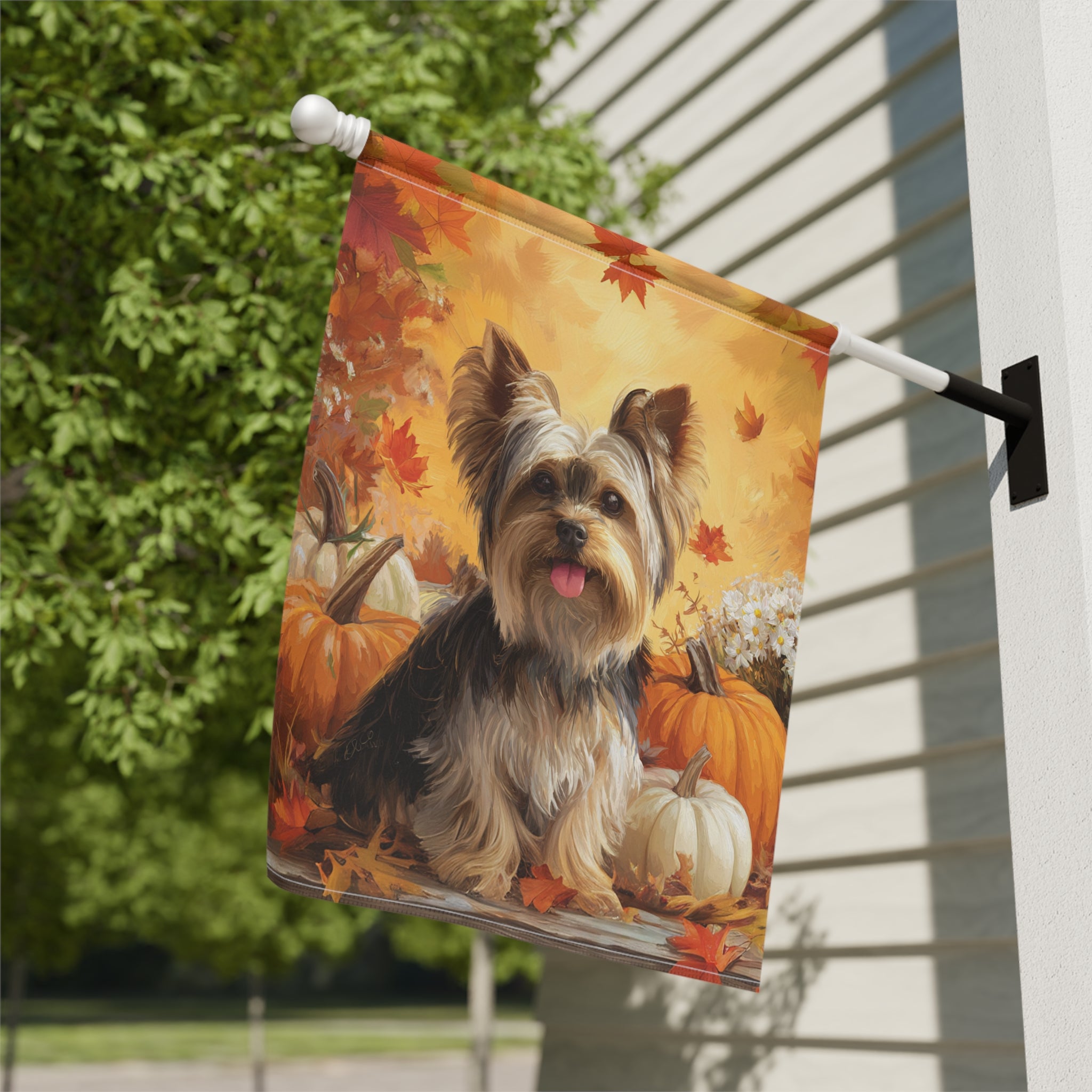 Yorkie and Four Pumpkins Garden Flag - close-up detail - Dragonfire Gardens