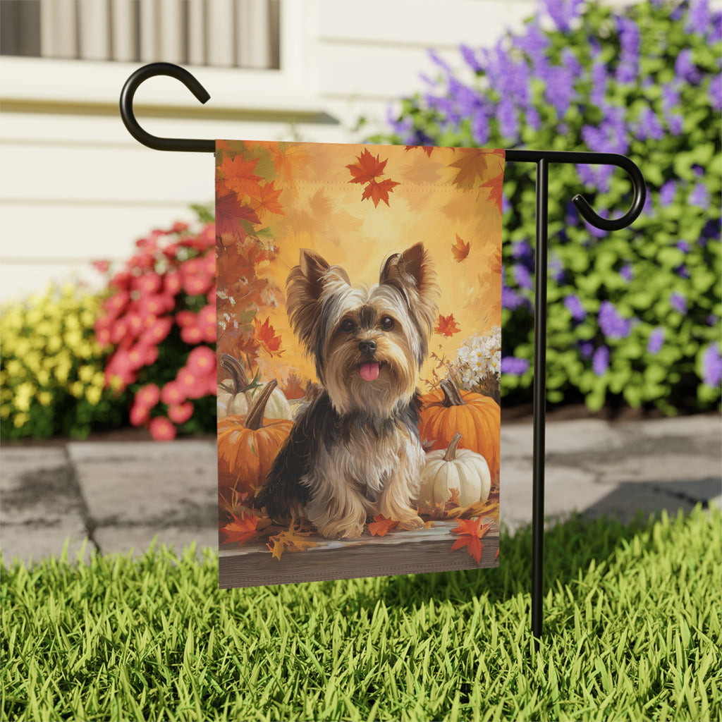 Yorkie and Four Pumpkins Garden Flag