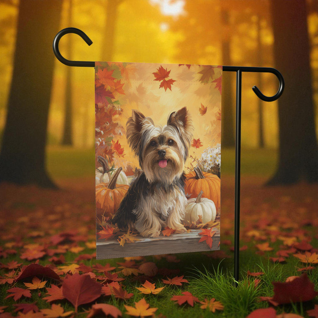 Yorkie and Four Pumpkins Garden Flag