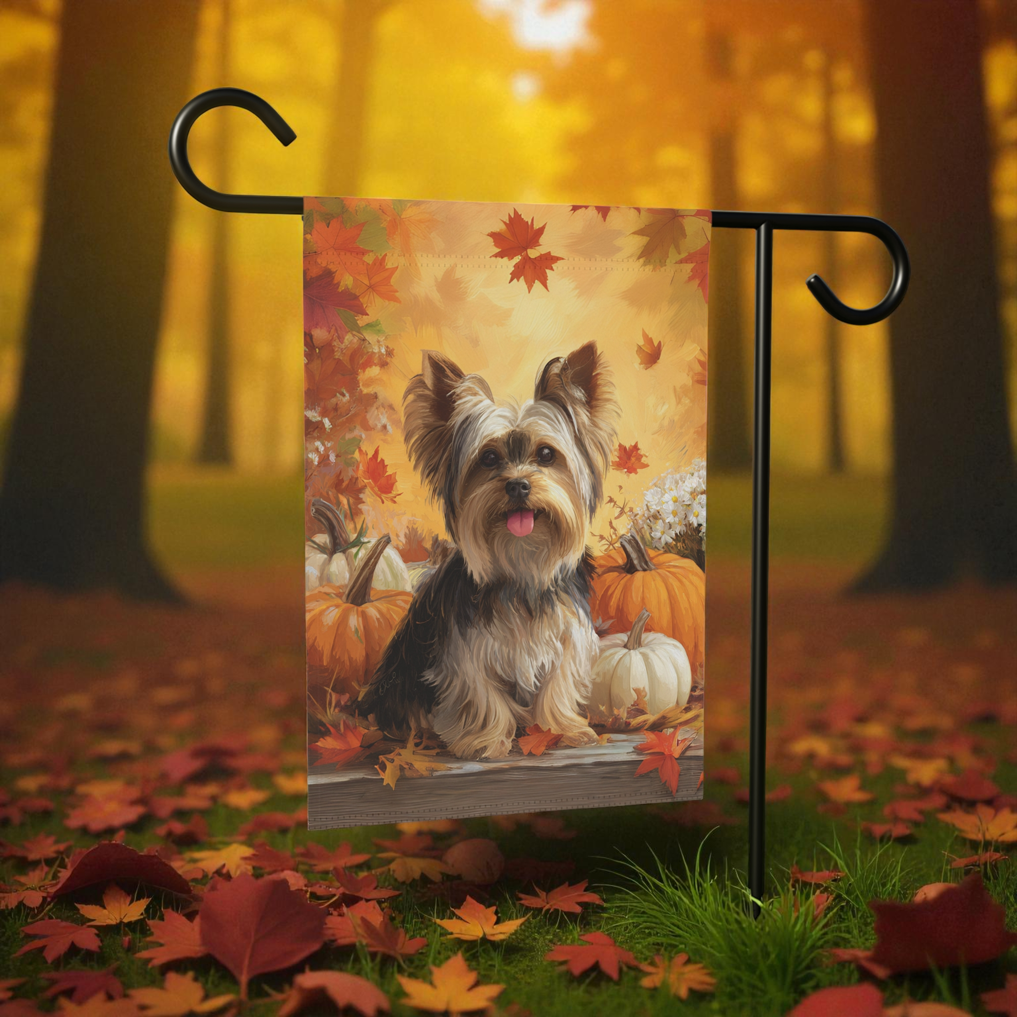 Yorkie and Four Pumpkins Garden Flag