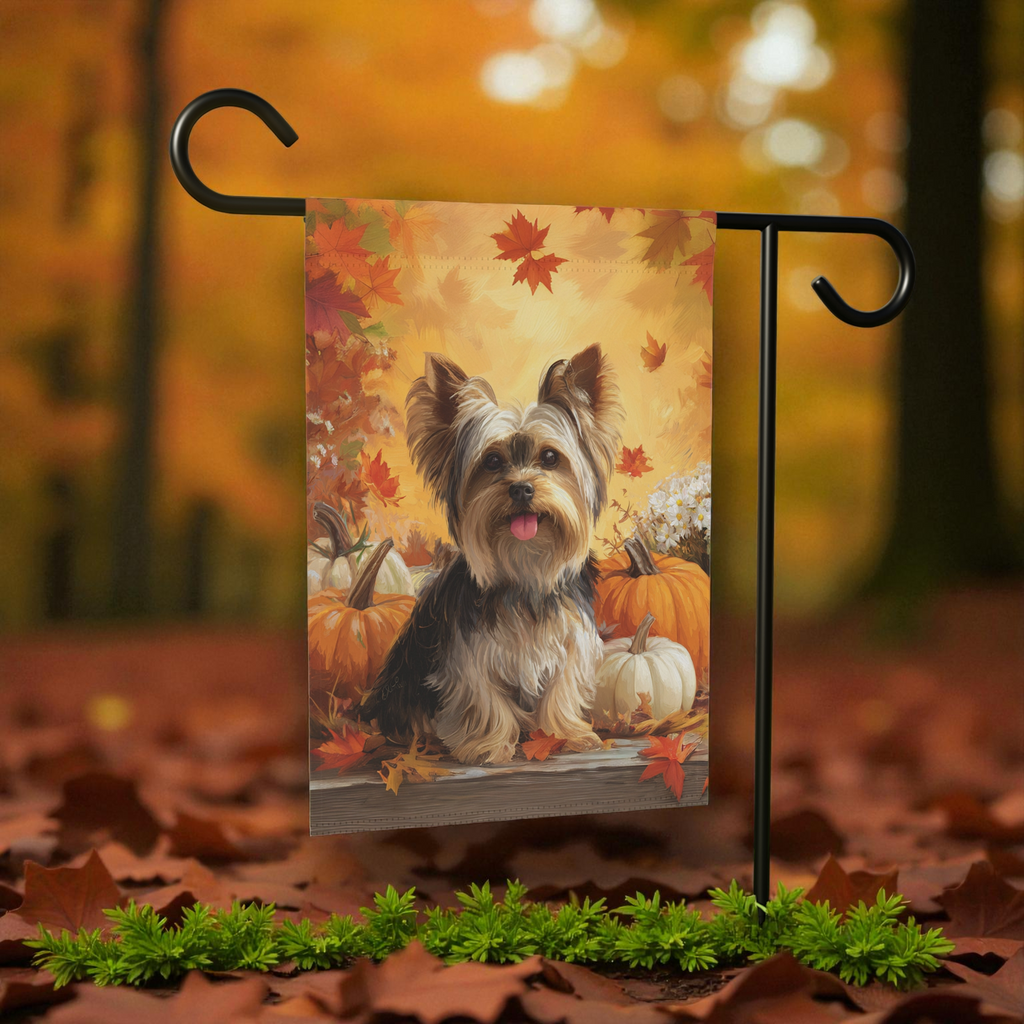 Yorkie and Four Pumpkins Garden Flag