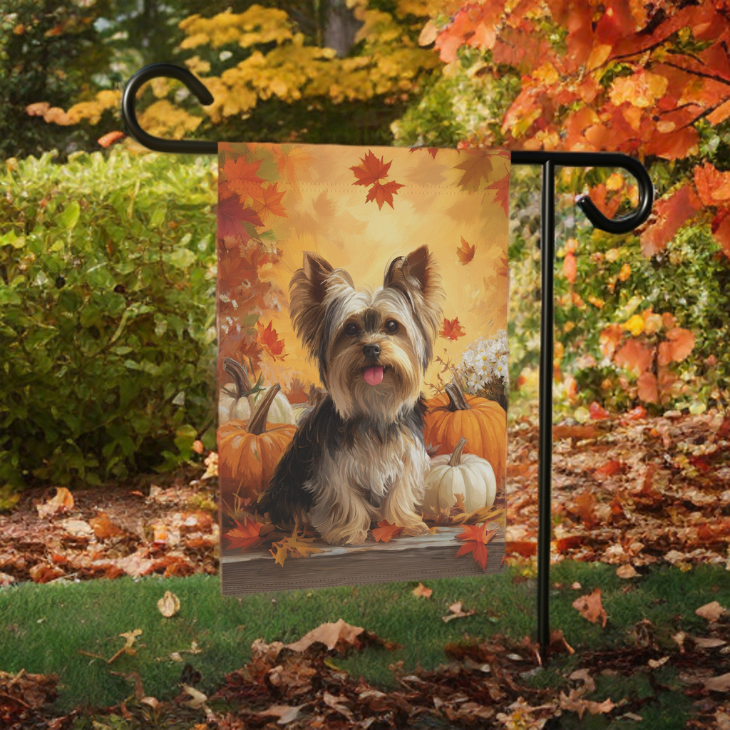Yorkie and Four Pumpkins Garden Flag