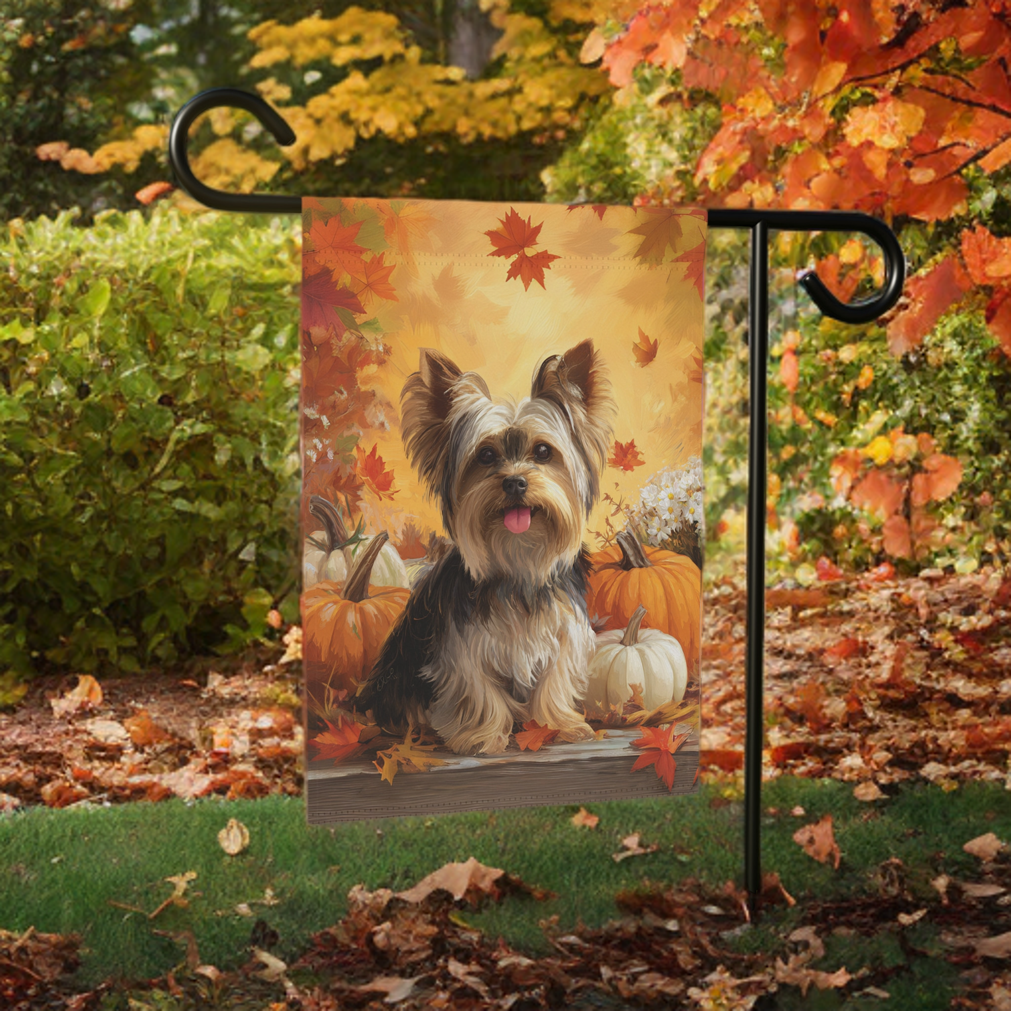 Yorkie and Four Pumpkins Garden Flag