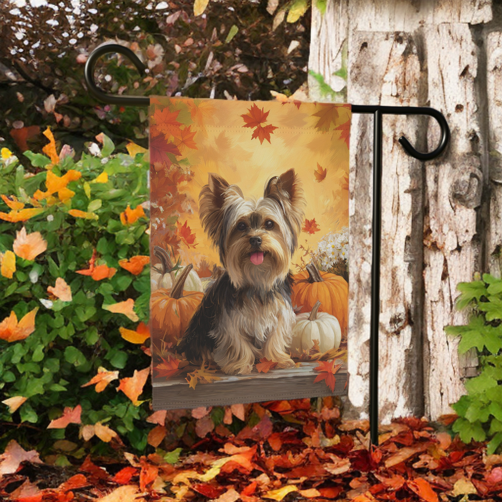 Yorkie and Four Pumpkins Garden Flag