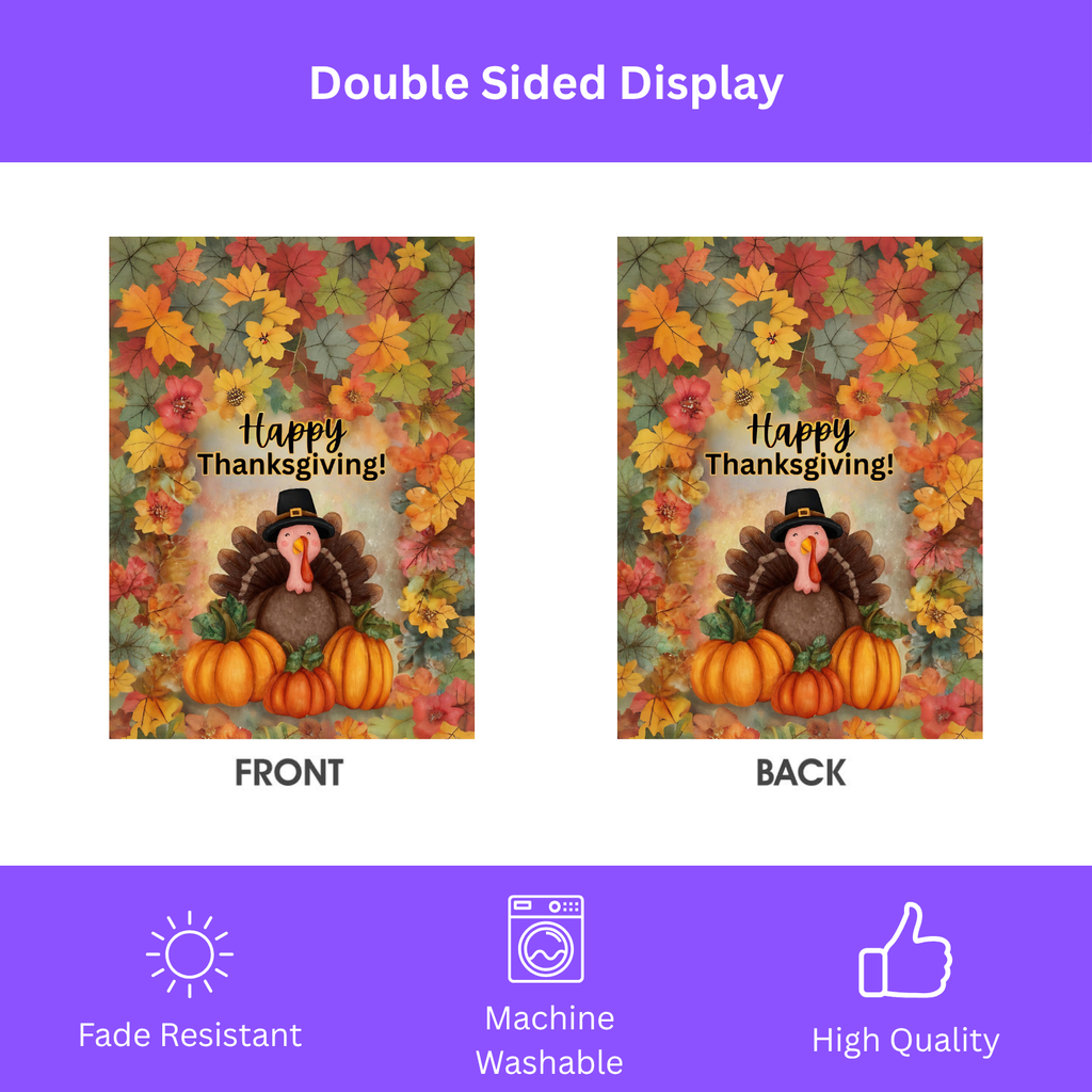 Turkey In Leaves Happy Thanksgiving Garden Flag - double-sided design - Dragonfire Gardens