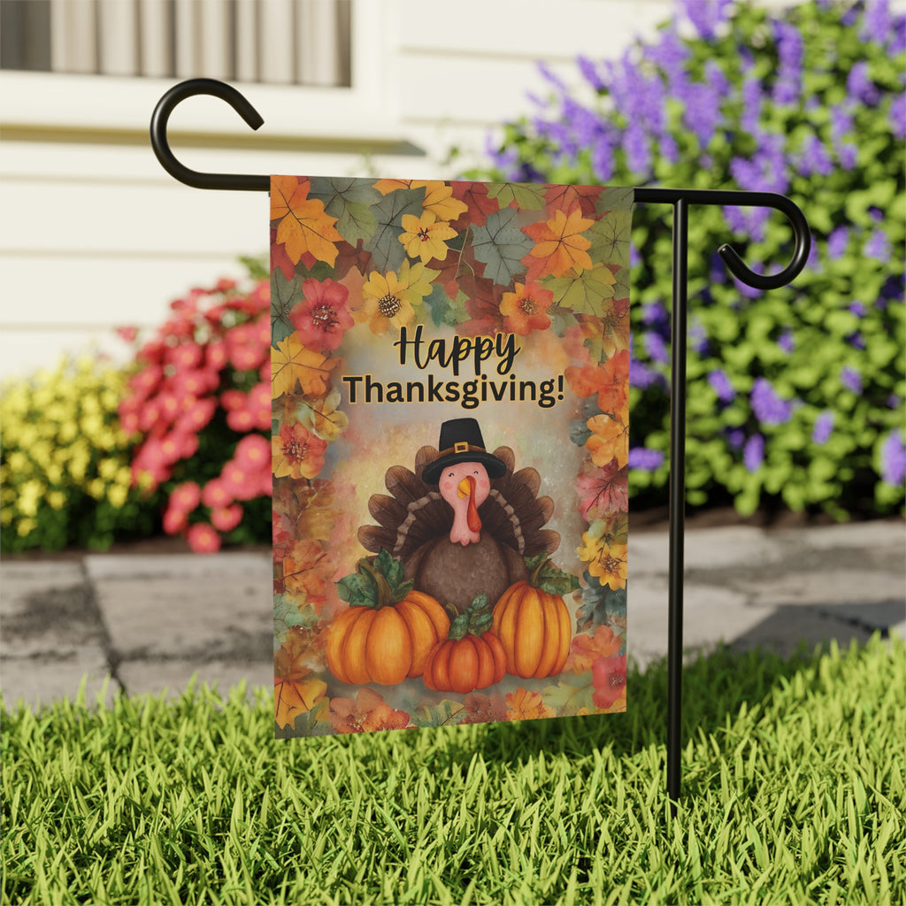Turkey In Leaves Happy Thanksgiving Garden Flag - outdoor display - Dragonfire Gardens