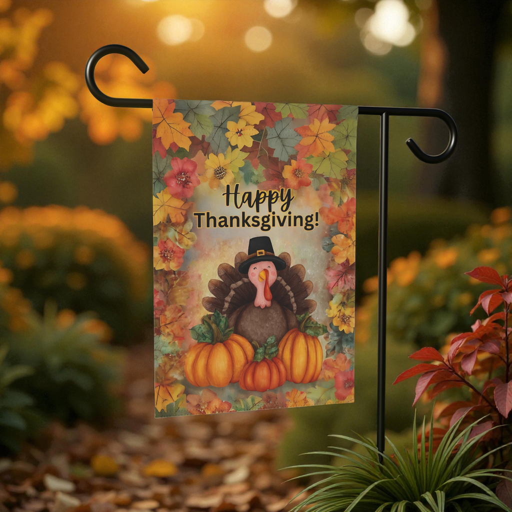 Turkey In Leaves Happy Thanksgiving Garden Flag - size comparison - Dragonfire Gardens