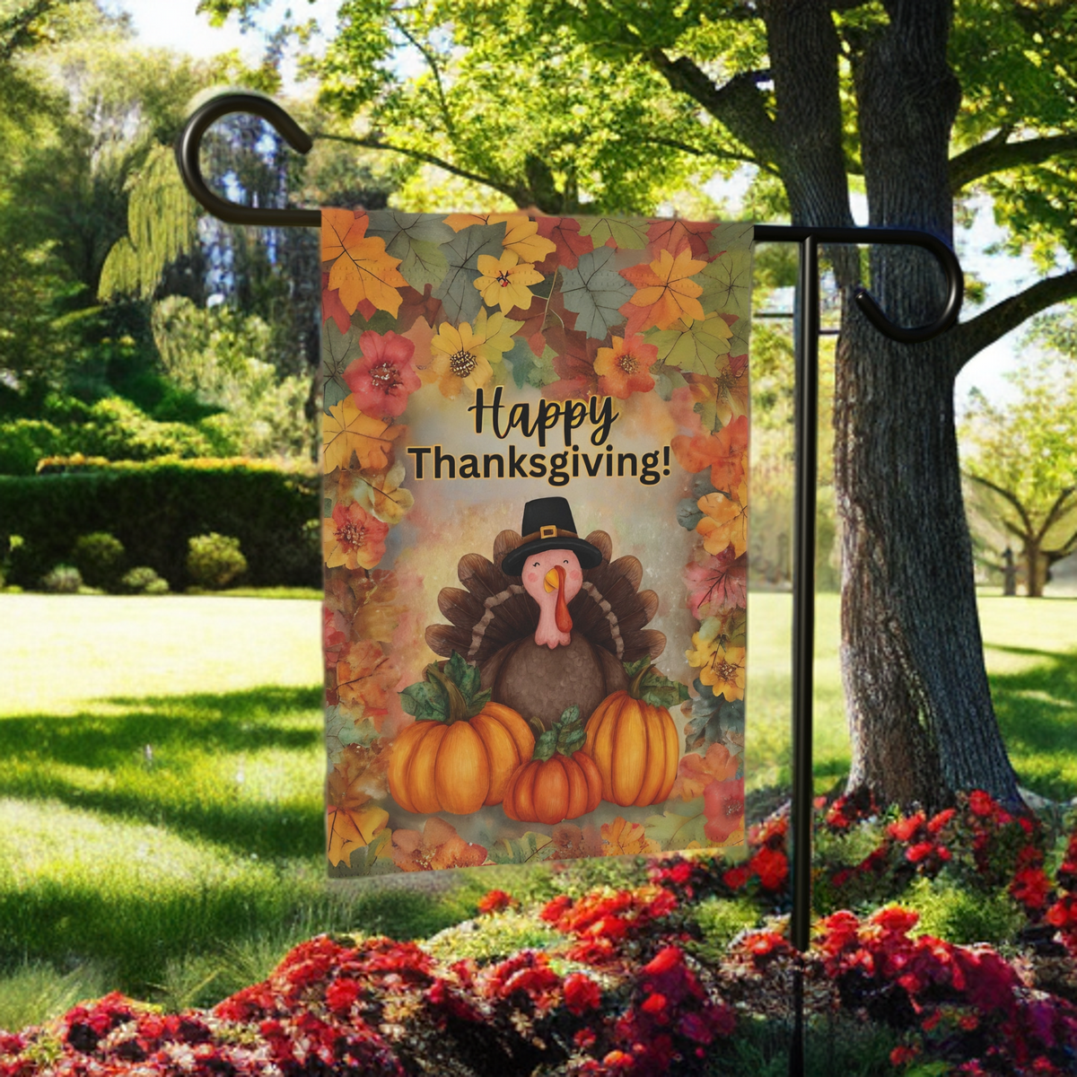 Turkey In Leaves Happy Thanksgiving Garden Flag - lifestyle display - Dragonfire Gardens