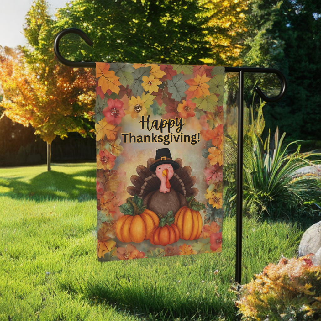 Turkey In Leaves Happy Thanksgiving Garden Flag - front view - Dragonfire Gardens