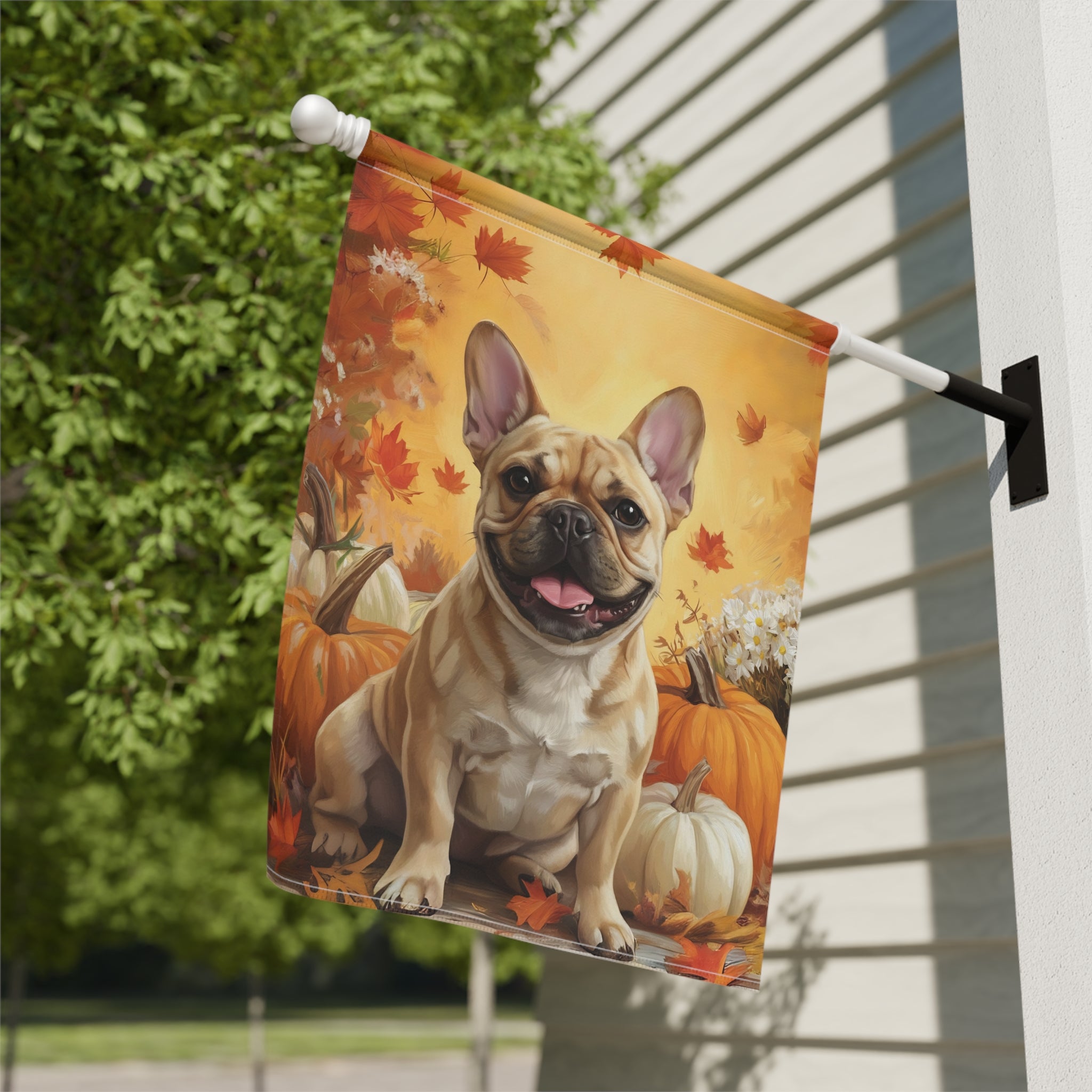 Frenchie and Four Pumpkins Garden Flag - close-up detail - Dragonfire Gardens