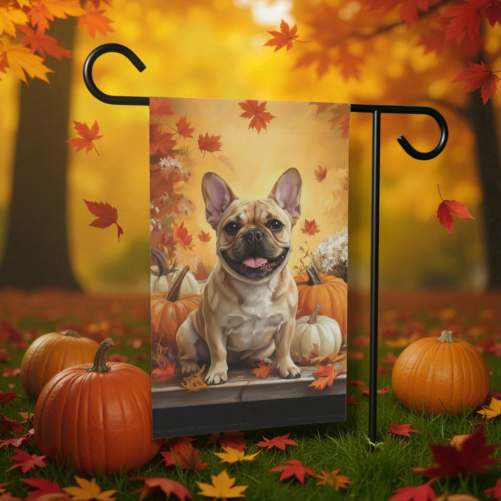 Frenchie and Four Pumpkins Garden Flag