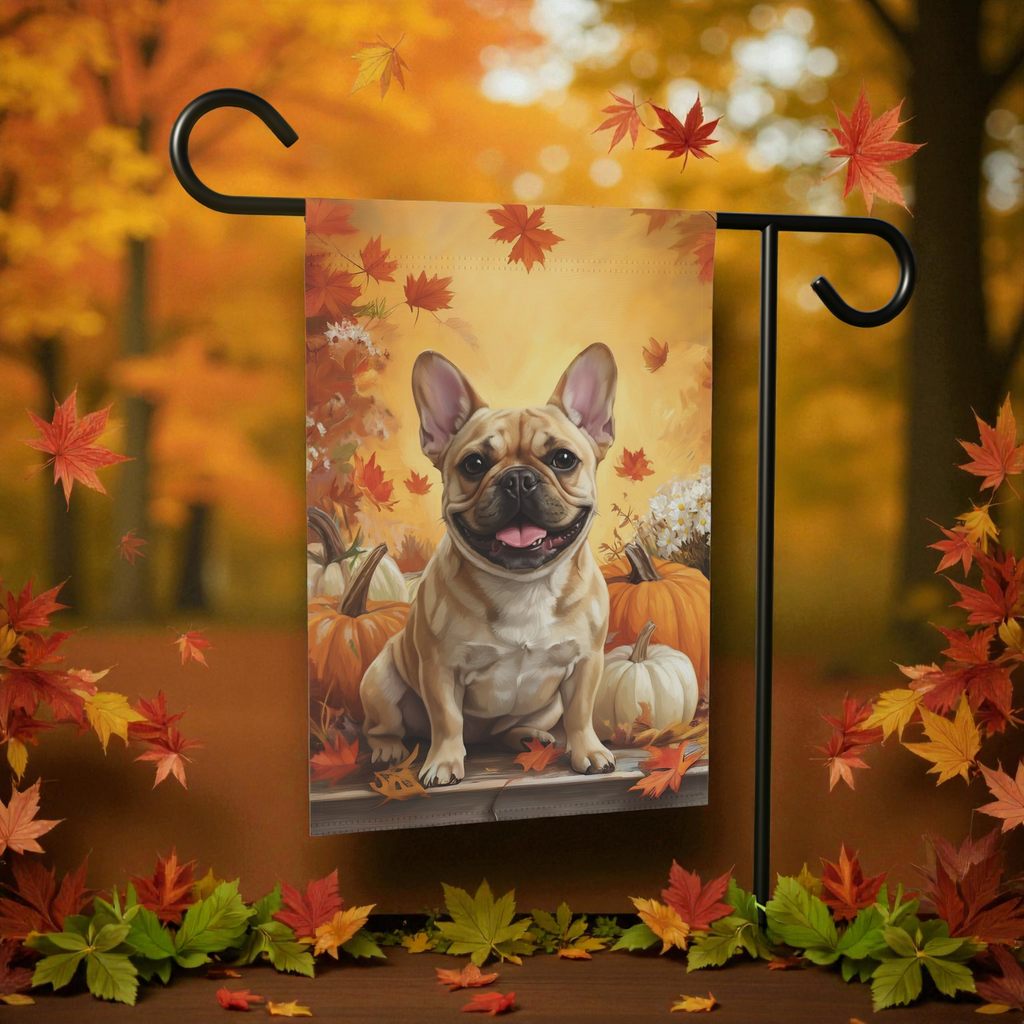 Frenchie and Four Pumpkins Garden Flag