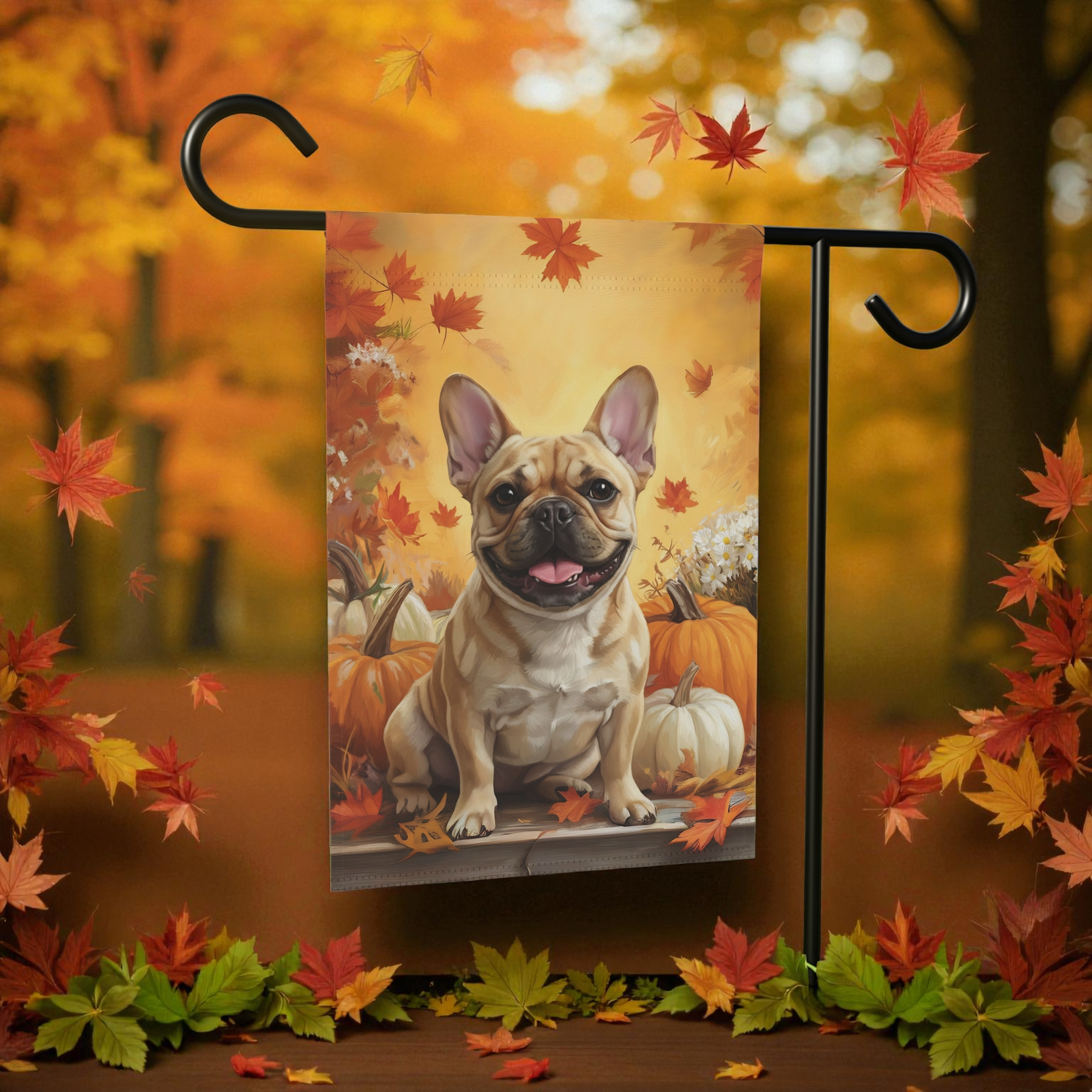 Frenchie and Four Pumpkins Garden Flag