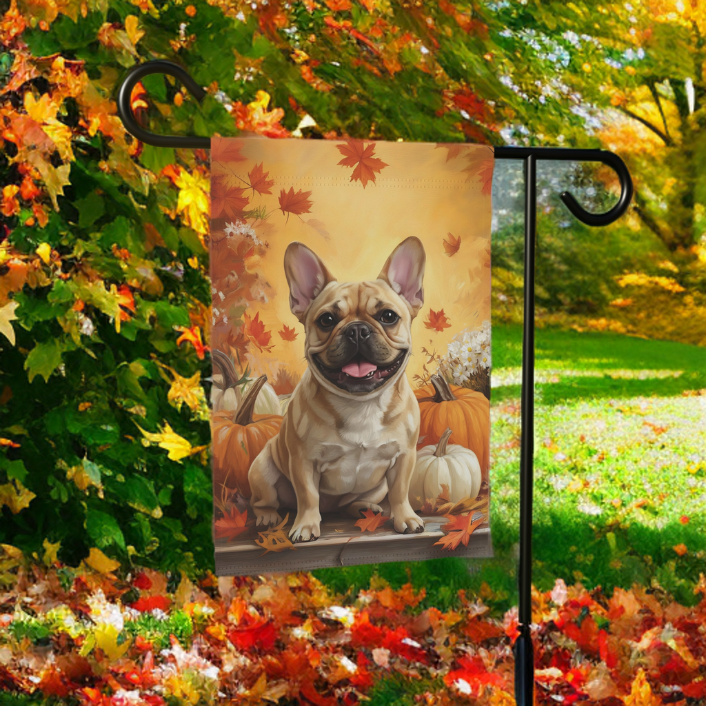 Frenchie and Four Pumpkins Garden Flag