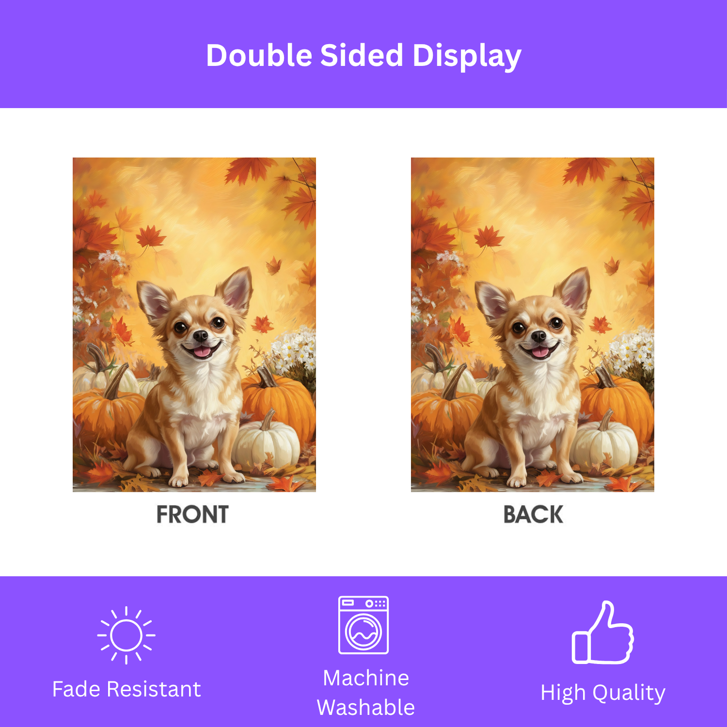 Chihuahua and Four Pumpkins Fall Garden Flag - yard display - Dragonfire Gardens