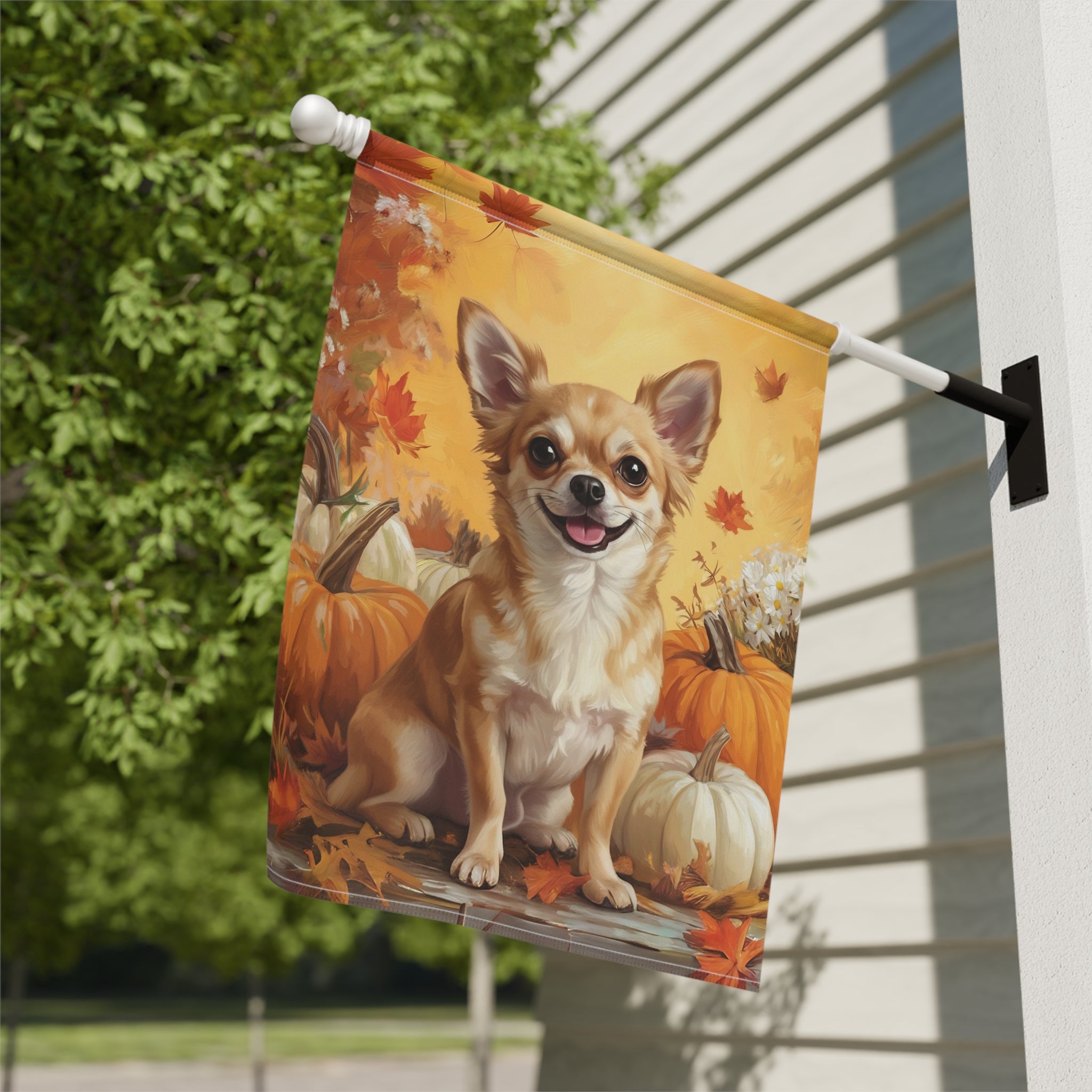 Chihuahua and Four Pumpkins Fall Garden Flag - close-up detail - Dragonfire Gardens