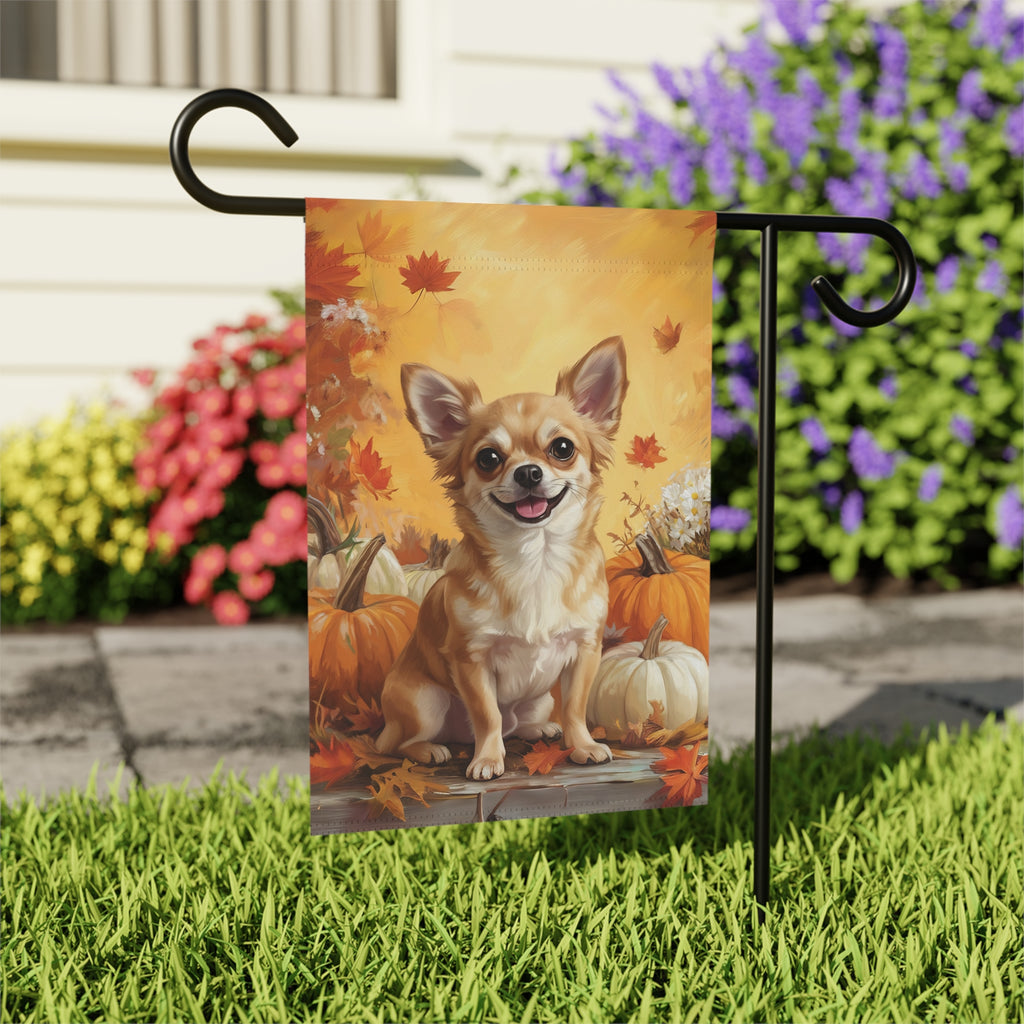 Chihuahua and Four Pumpkins Fall Garden Flag - outdoor display - Dragonfire Gardens