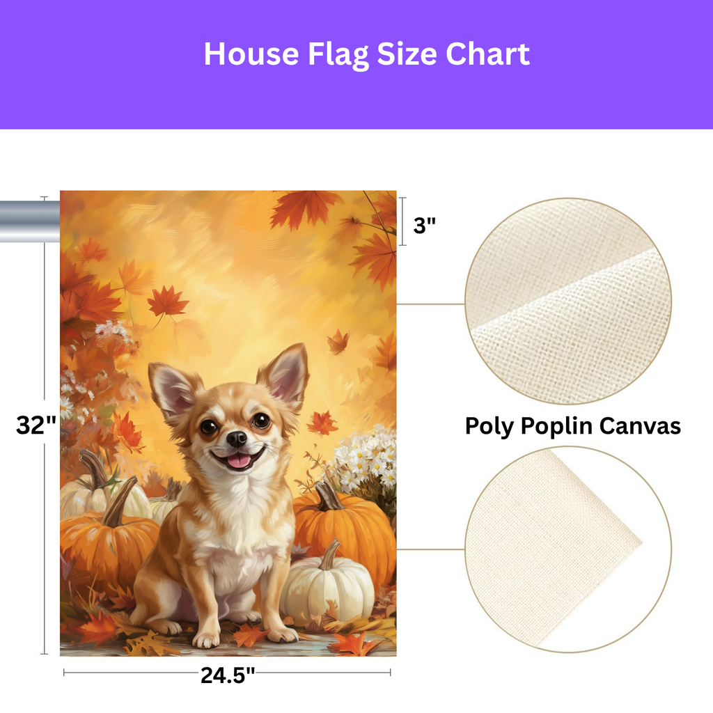 Chihuahua and Four Pumpkins Fall Garden Flag - size comparison - Dragonfire Gardens