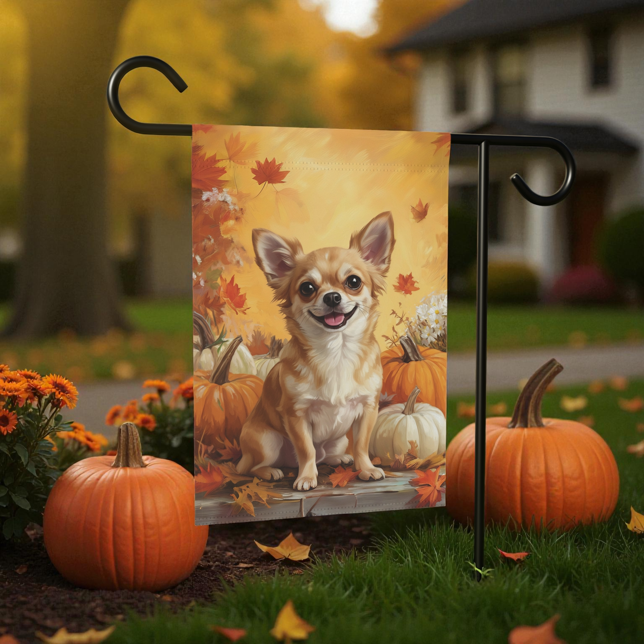 Chihuahua and Four Pumpkins Fall Garden Flag - front view - Dragonfire Gardens