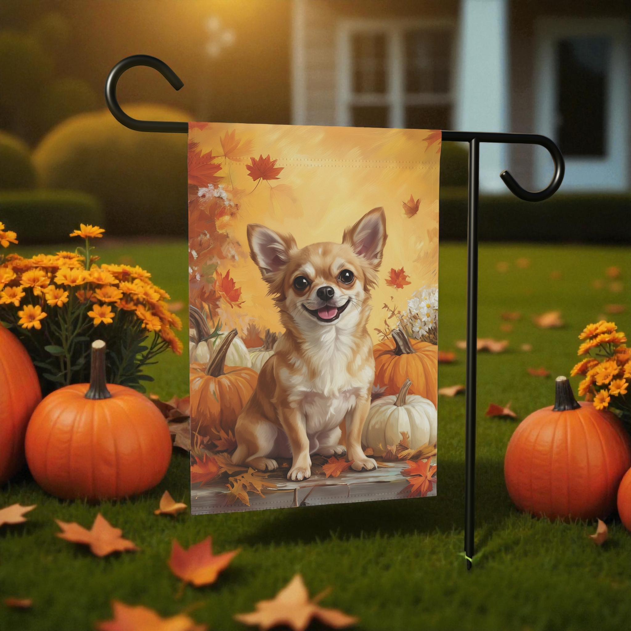 Chihuahua and Four Pumpkins Fall Garden Flag - double-sided design - Dragonfire Gardens