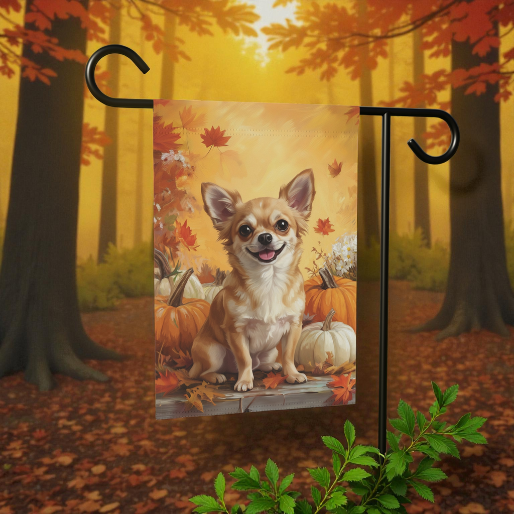 Chihuahua and Four Pumpkins Fall Garden Flag - lifestyle display - Dragonfire Gardens