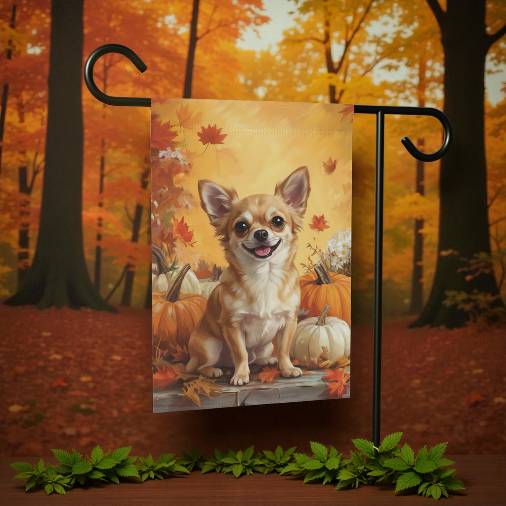 Chihuahua and Four Pumpkins Fall Garden Flag - product detail - Dragonfire Gardens