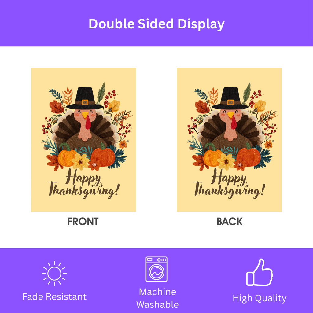 Happy Pilgrim Turkey Thanksgiving Garden Flag - double-sided design - Dragonfire Gardens