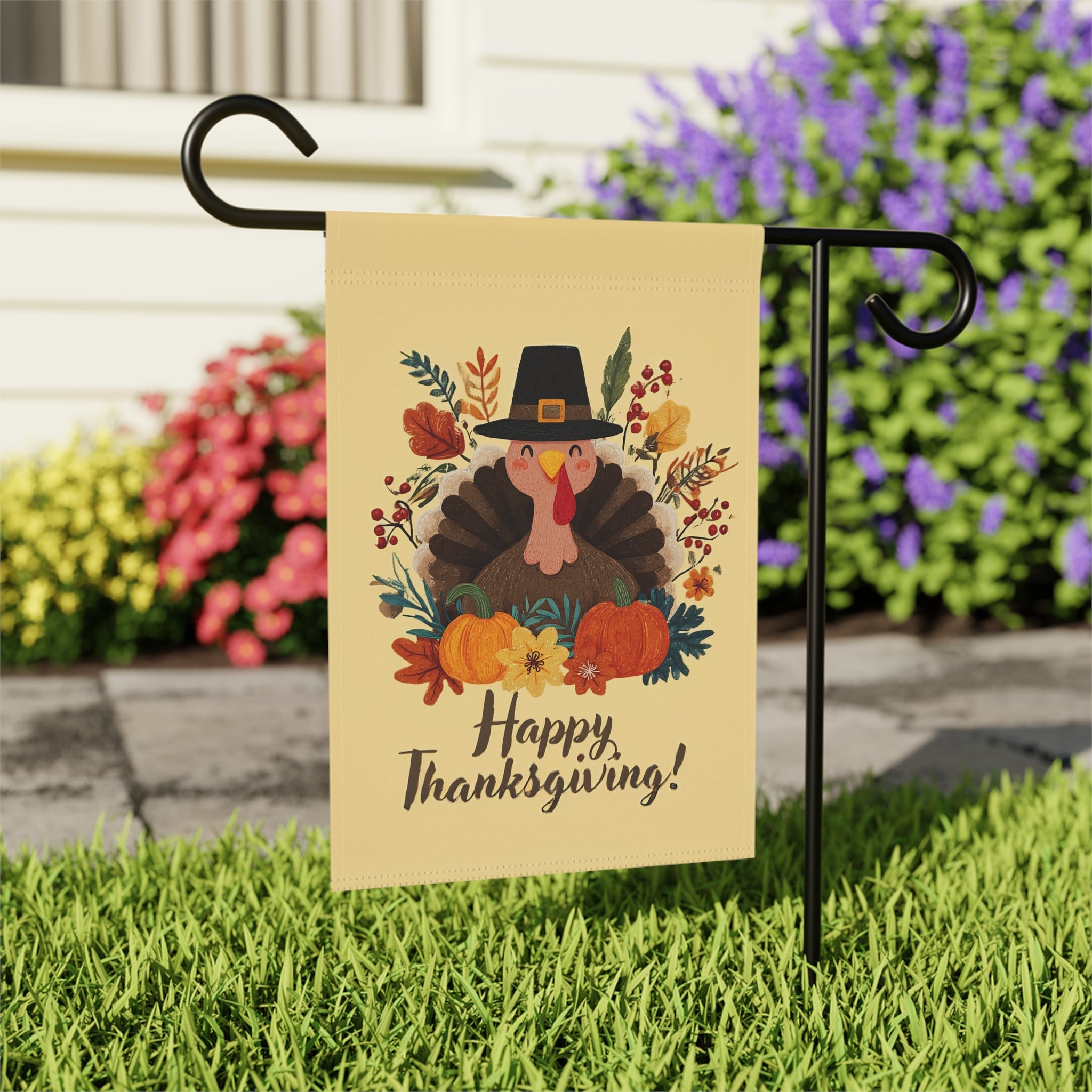 Happy Pilgrim Turkey Thanksgiving Garden Flag - outdoor display - Dragonfire Gardens