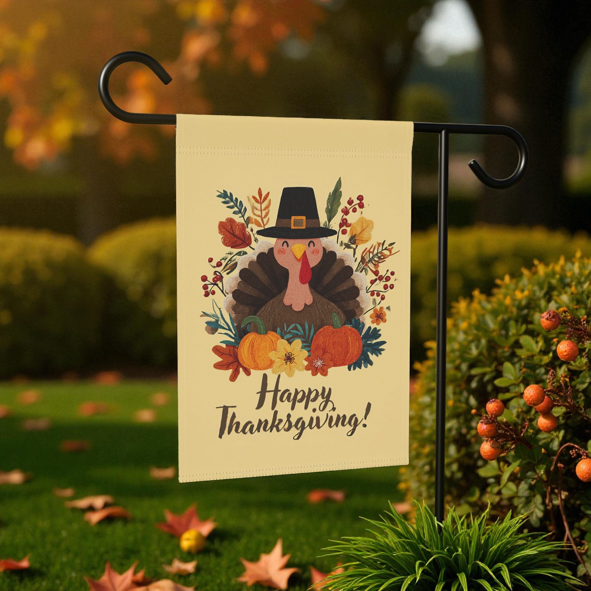 Happy Pilgrim Turkey Thanksgiving Garden Flag - front view - Dragonfire Gardens