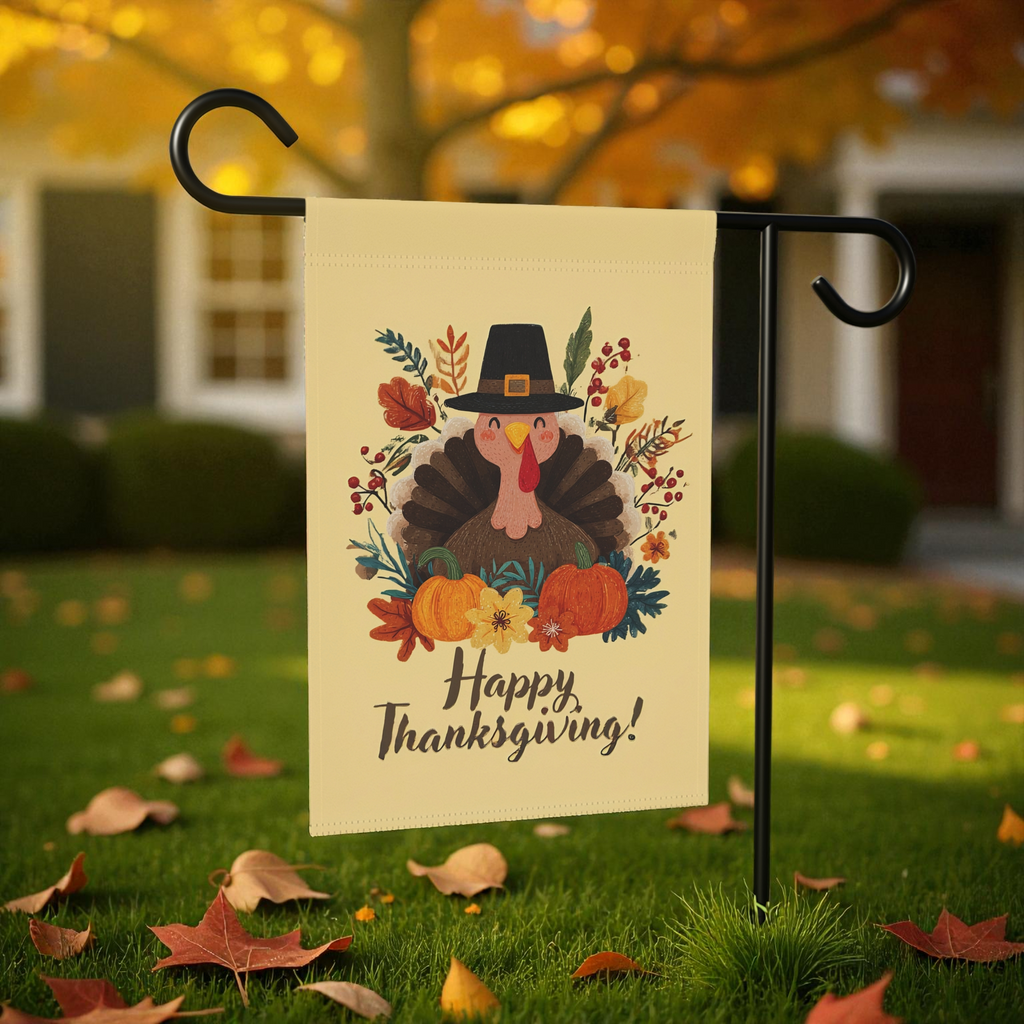 Happy Pilgrim Turkey Thanksgiving Garden Flag - size comparison - Dragonfire Gardens