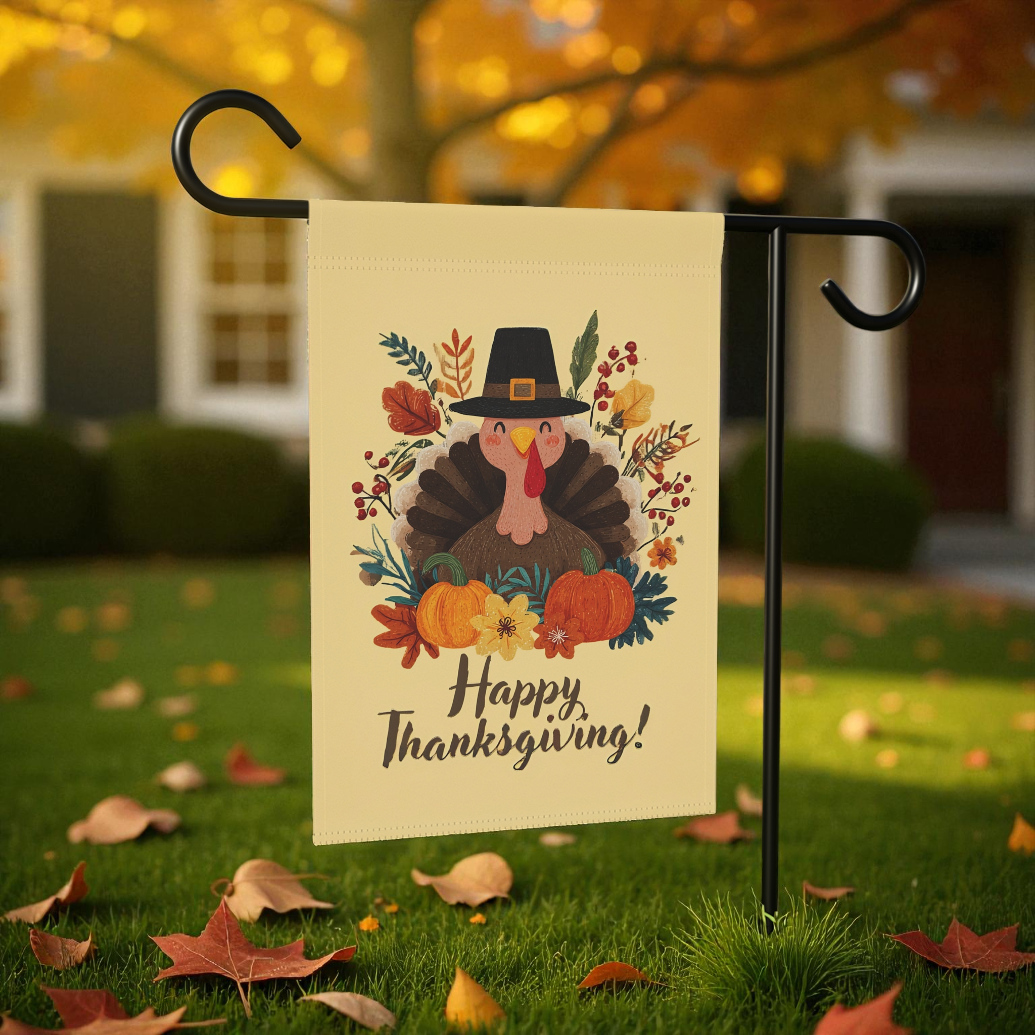Happy Pilgrim Turkey Thanksgiving Garden Flag - size comparison - Dragonfire Gardens